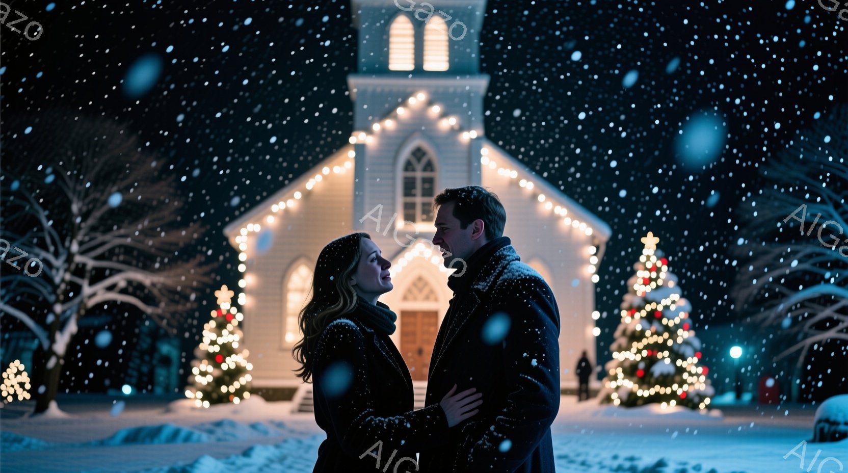 雪が降る夜、教会を背景に寄り添う男女が写っている。女性は長い茶色の髪で、黒いコートを着ている。男性は黒いコートを着ており、女性を見つめ、女性も彼を見上げ、愛情に満ちた表情を浮かべている。