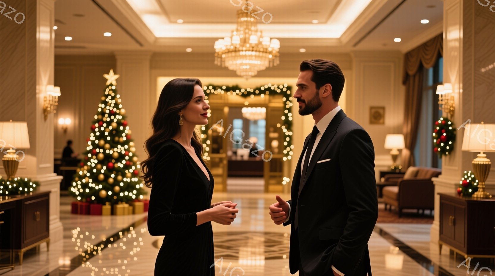 豪華なホテイルobbyで、一組の男女が向き合って立っている。女性は黒のベルベットドレスを着ており、髪は後ろでまとめている。男性は黒いスーツを着ており、少し微笑んでいる様子で、女性を見つめている。