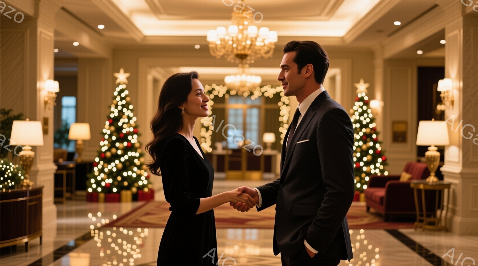 華やかなクリスマス装飾が施されたホテルのロビーで、一対の男女が向かい合って握手をしています。女性は黒色のベルベットドレスに、男性はダークスーツ姿で、共に微笑みを浮かべています。背景には、クリスマスツリーやシャンデリアが輝き、温かくロマンチックな雰囲気を醸し出しています。