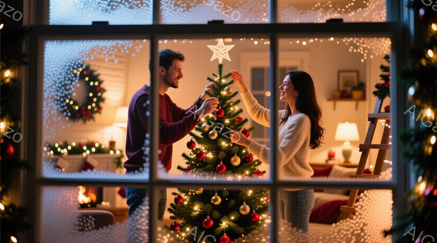 窓枠を通して見える室内で、若い男女がクリスマスツリーのてっぺんに星型のオーナメントを取り付けようとしています。男性は紺色のセーターを着ており、女性は白いセーターを着て、長い髪を後ろに流しています。背景には暖炉やクリスマスデコレーションが見え、部屋全体が暖かく、幸福感に満ちたクリスマスの雰囲気を醸し出しています。