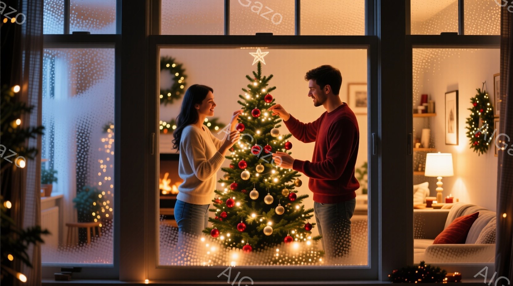 クリスマスツリーの飾り付けをする若いカップルが描かれています。女性は白いセーターとジーンズを身につけ、長い髪を後ろに流しています。男性は赤いセーターとジーンズ姿で、ツリーのてっぺんに星を飾っています。