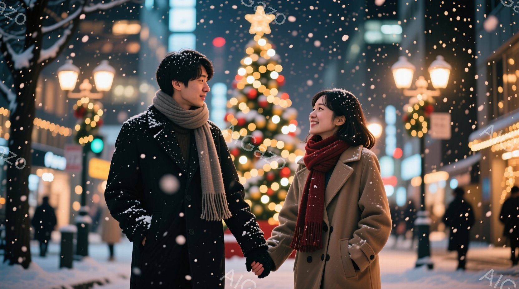 雪が舞う街中で、若い男女が手をつないで歩いている。男性は黒いコートにマフラーを巻き、女性はベージュのコートに赤いマフラーを巻いており、互いに微笑み合っている。背景にはクリスマスツリーが飾られた賑やかな通りが広がり、暖かくロマンチックな雰囲気が漂っている。