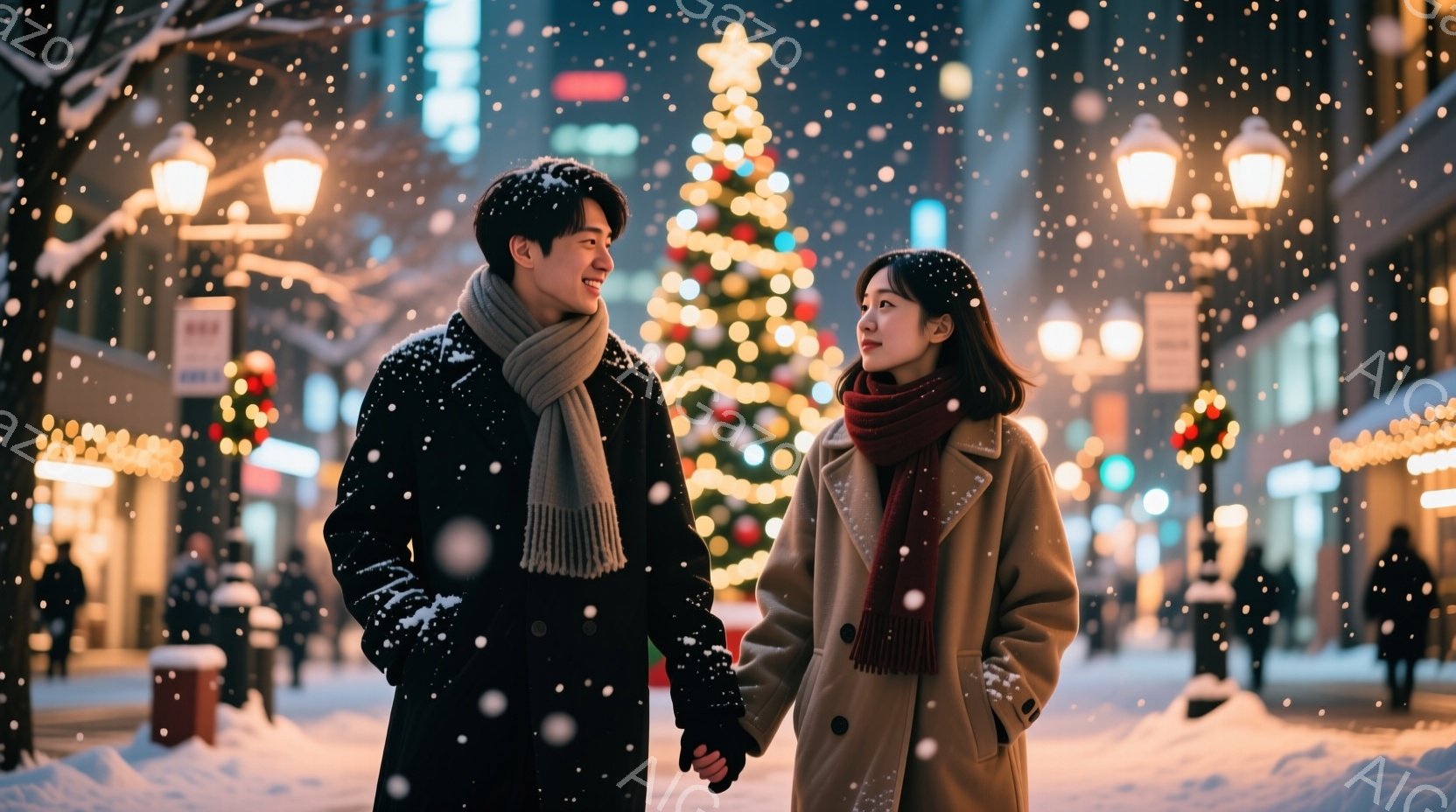 雪が降る街中で、若い男女が手をつないで歩いている。男性は黒いコートにグレーのマフラーを巻き、女性はベージュのコートに赤いマフラーを巻いており、互いに微笑み合っている。背景にはクリスマスツリーやイルミネーションが輝き、冬の暖かくロマンチックな雰囲気を醸し出している。