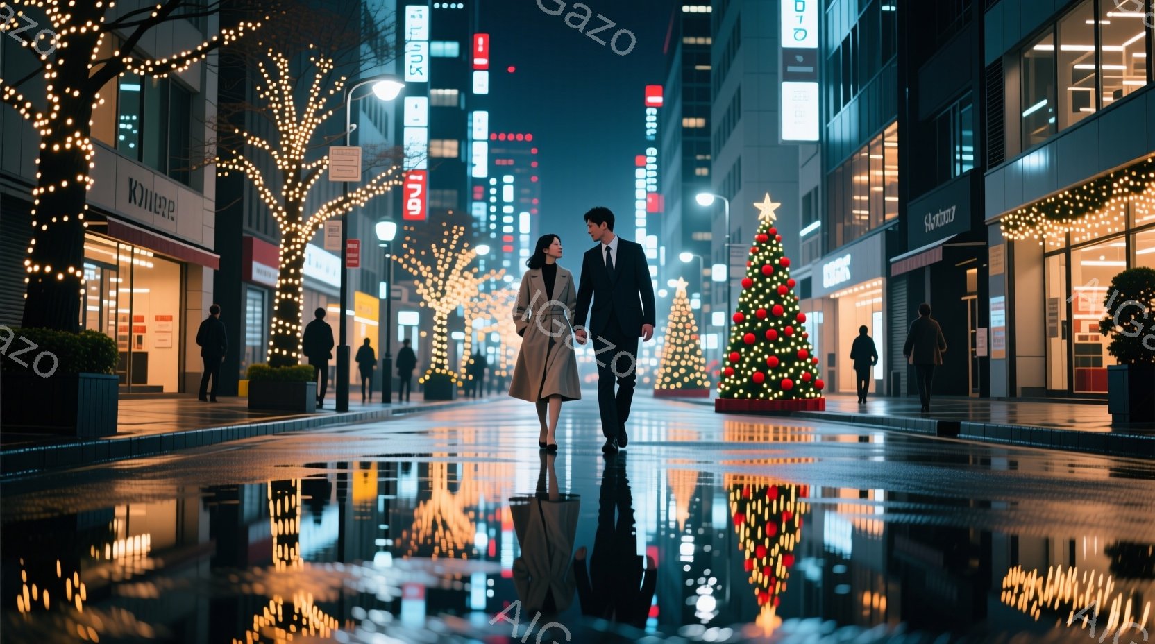 街路は雨に濡れて光を反射し、クリスマスイルミネーションが煌めいている。一対の男女が歩道を並んで歩いており、女性はベージュのコート、男性は黒いスーツというフォーマルな服装で、優雅な雰囲気を醸し出している。背景には近代的な建物が立ち並び、遠くにはぼんやりと人影が見え、全体的にロマンチックで洗練された雰囲気が漂っている。