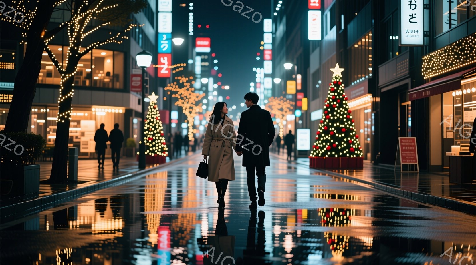 クリスマスシーズンらしい街並みを、一対の男女が歩いている様子が描かれている。女性はベージュのコートを着てロングヘアを垂らし、男性は黒いコートに身を包んでいる。濡れた石畳の道には、街灯や装飾が反射し、ロマンチックで温かい雰囲気が漂っている。
