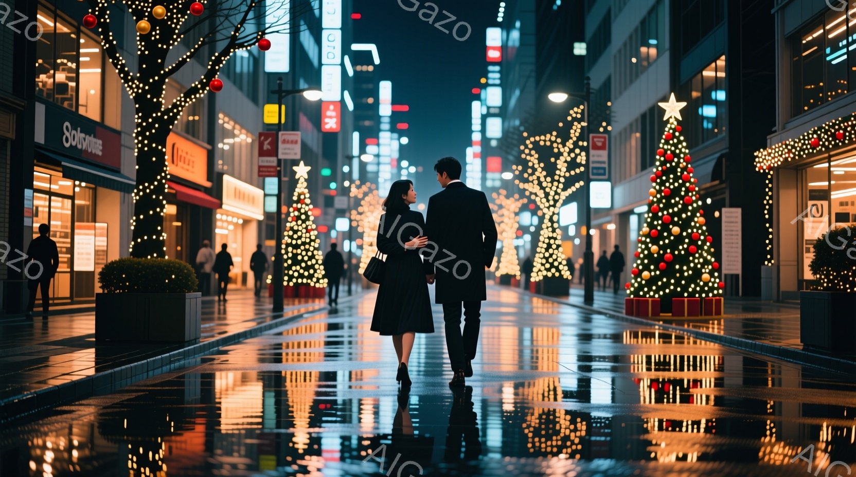 夜の街を男女が寄り添って歩いている。女性は黒いワンピースを着ており、男性は黒いスーツ姿で、路面には雨に濡れた光が反射している。背景にはクリスマスツリーや煌めくイルミネーションが飾られた建物が並び、ロマンチックで温かい雰囲気を醸し出している。