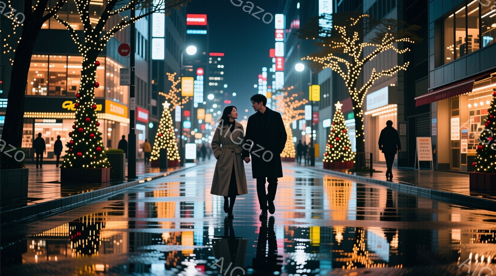 長いコートを着た男女が、イルミネーションで飾られた街路を並んで歩いている。男性は黒いコート、女性はベージュのコートを着ており、互いに手を繋いでいる。背景には、クリスマスツリーや光り輝く装飾が施された建物が並び、濡れた路面にそれらの光が反射し、ロマンチックで温かい雰囲気を醸し出している。