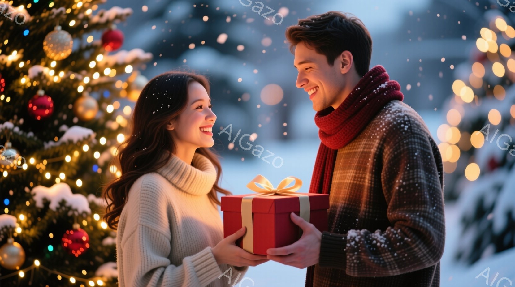 雪が舞う中で、若い男女がプレゼントを交換し合っている様子が描かれています。女性は白いセーターを着ており、長くウェーブのかかった髪が肩にかかっています。男性はチェック柄のコートに赤いマフラーを巻き、女性に向かって微笑みながら赤いリボンで飾られたプレゼントを差し出しています。