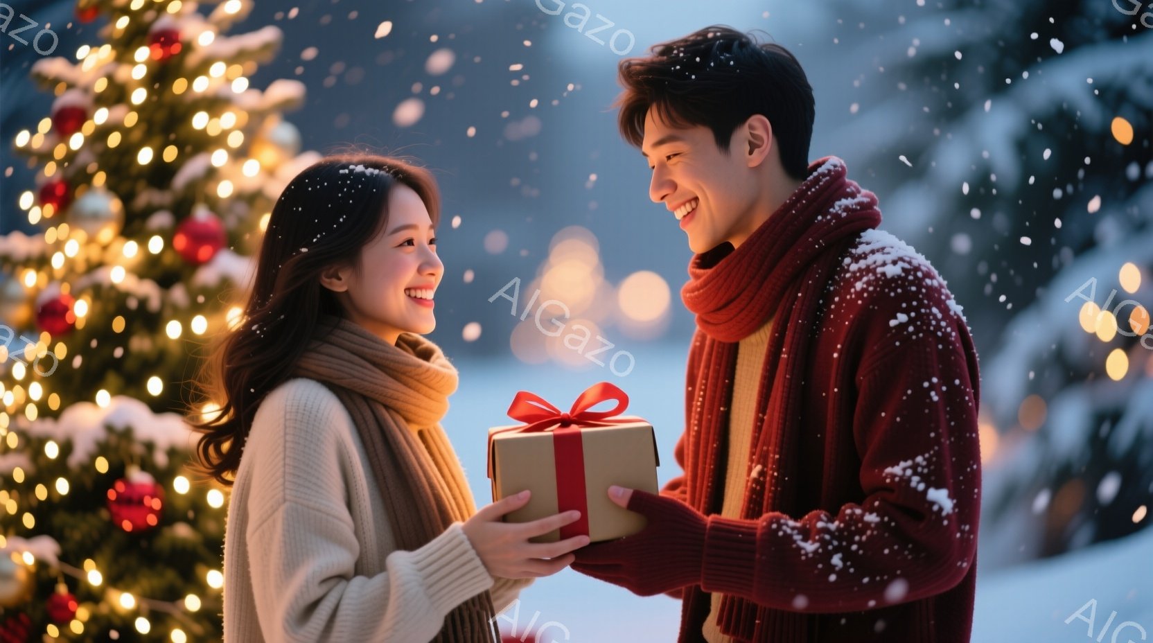 雪が舞う中で、若い女性と男性がプレゼントを交換している場面です。女性はオフホワイトのニットに長い髪を下げ、微笑んでいます。男性は赤いセーターとマフラーを身に着け、女性にプレゼントを手渡しています。背景にはきらめくクリスマスツリーと雪景色が広がり、温かくロマンチックな雰囲気を醸し出しています。