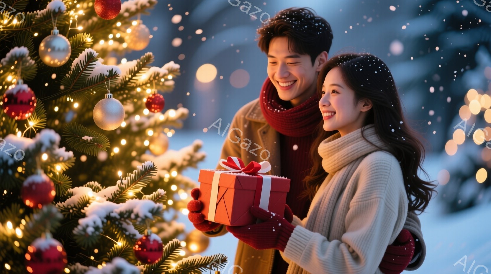 若いカップルがクリスマスツリーの前でプレゼントを抱えています。女性は白いセーターと赤い手袋、長い巻き髪で微笑んでおり、男性はゴールドのジャケットと赤いマフラーを着用し、優しい笑顔を見せています。背景は雪が舞う夜で、ぼやけた街灯や建物がクリスマスらしい温かくロマンチックな雰囲気を醸し出しています。