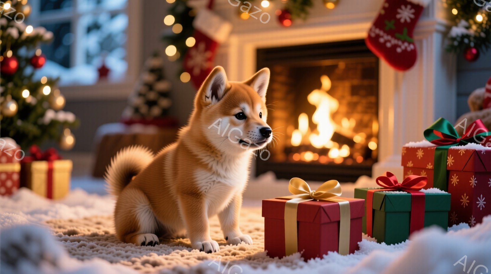 暖炉の前でプレゼントに囲まれた柴犬の子犬が座っています。子犬は毛並みが良く、少し横を向いて何かを見つめており、その表情は穏やかで愛らしいです。背景にはクリスマスツリーやストッキングが飾られ、暖炉の火が温かい光を放っており、全体的にクリスマスの温かく幸せな雰囲気が漂っています。