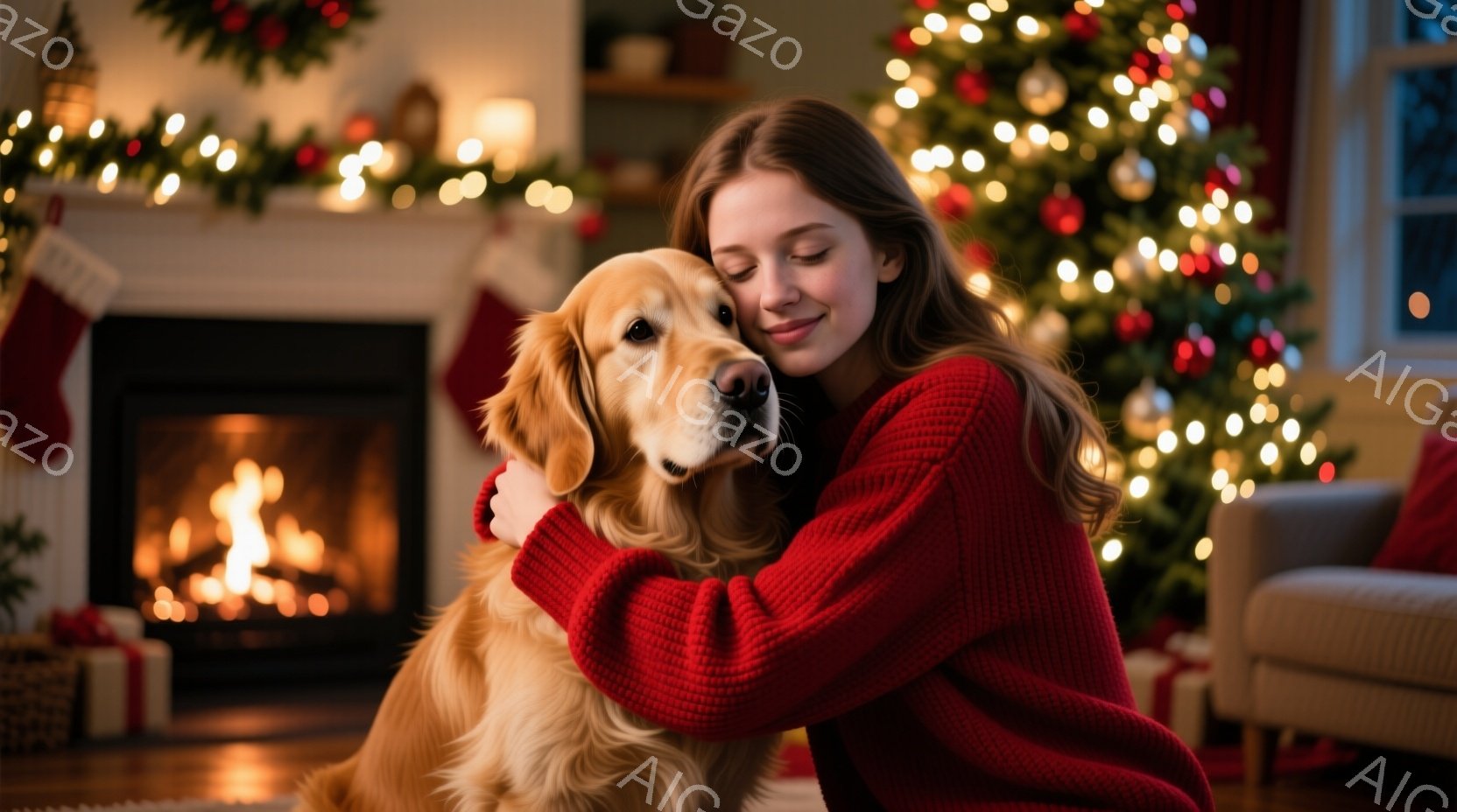 赤いセーターを着た若い女性が、ゴールデンレトリバーを抱きしめています。女性は目を閉じて微笑んでおり、犬はリラックスした表情をしています。背景にはクリスマスツリーが飾られ、暖炉の火が暖かく光り、温かく居心地の良いクリスマスの雰囲気が漂っています。