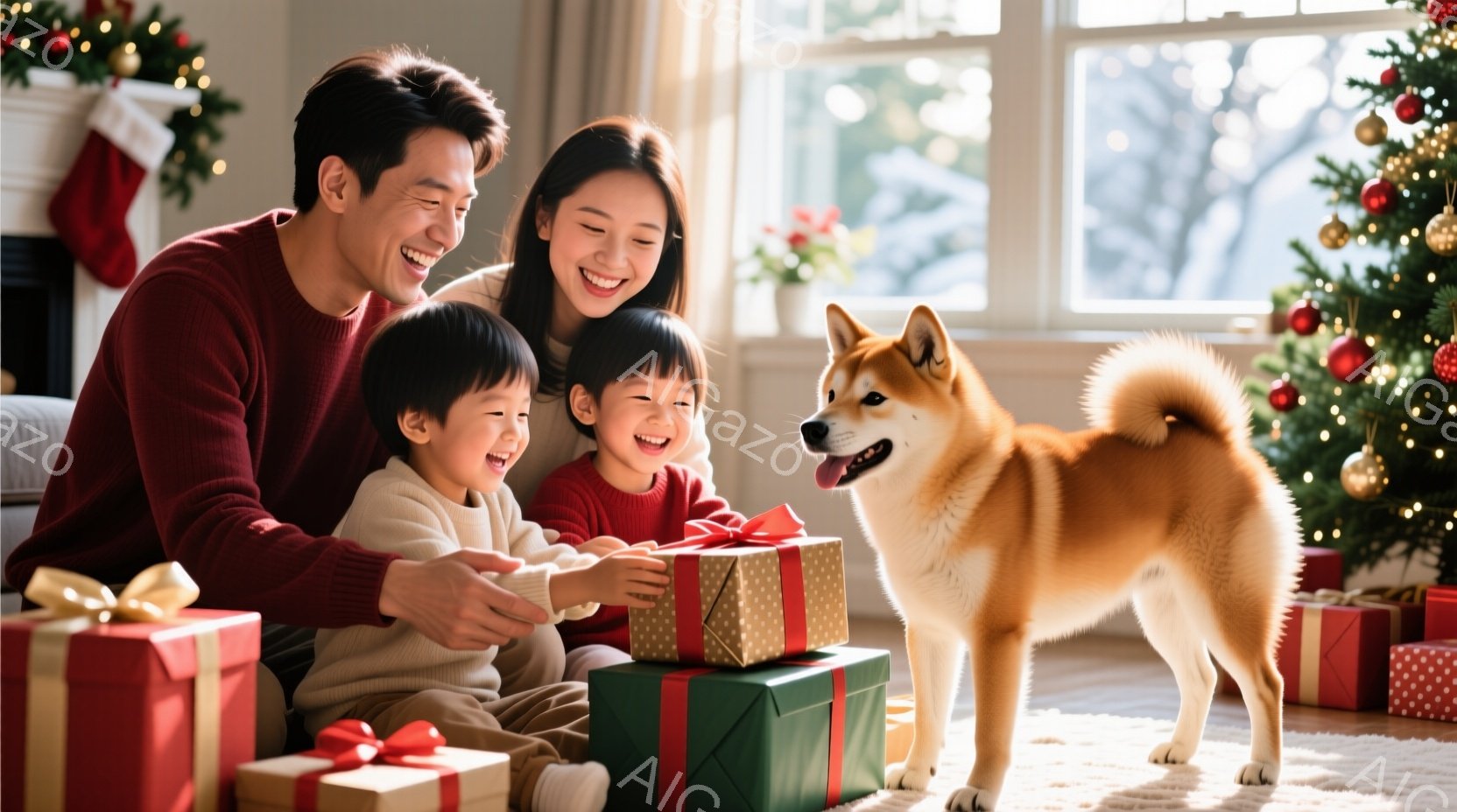 家族がクリスマスプレゼントを開けている様子が写っている。父親は赤いセーターを着て笑顔でプレゼントを渡しており、母親は白いセーターを着て嬉しそうに子供たちを見ている。背景にはクリスマスツリーやプレゼント - AI生成フリー素材