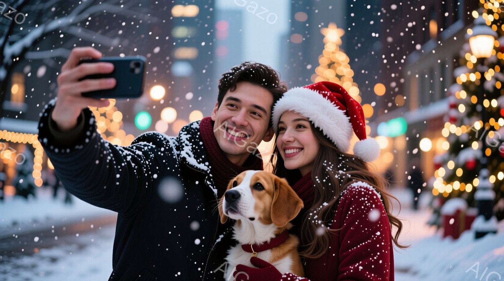 一対のカップルが、クリスマスの飾り付けがされた街中で、犬と一緒に自撮り写真を撮っています。男性は赤いセーターを着ていて、女性はサンタ帽を被り、赤いマフラーを巻いています。背景には、きらめくクリスマスツリーの飾りと雪が舞っており、暖かく幸せなクリスマスの雰囲気が漂っています。