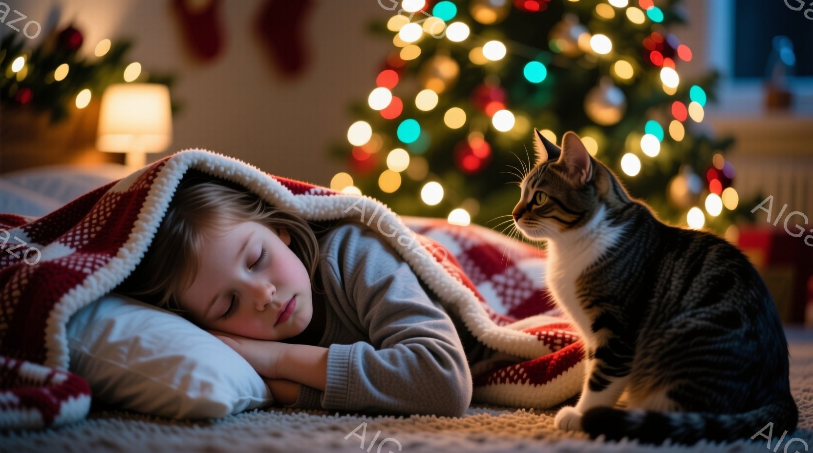 少女は赤い模様の毛布にくるまり、床の上で眠っています。彼女はグレーのセーターを着ており、金色の髪は無造作に広がっています。背景にはぼやけたクリスマスツリーが輝き、温かく穏やかな雰囲気が漂っています。