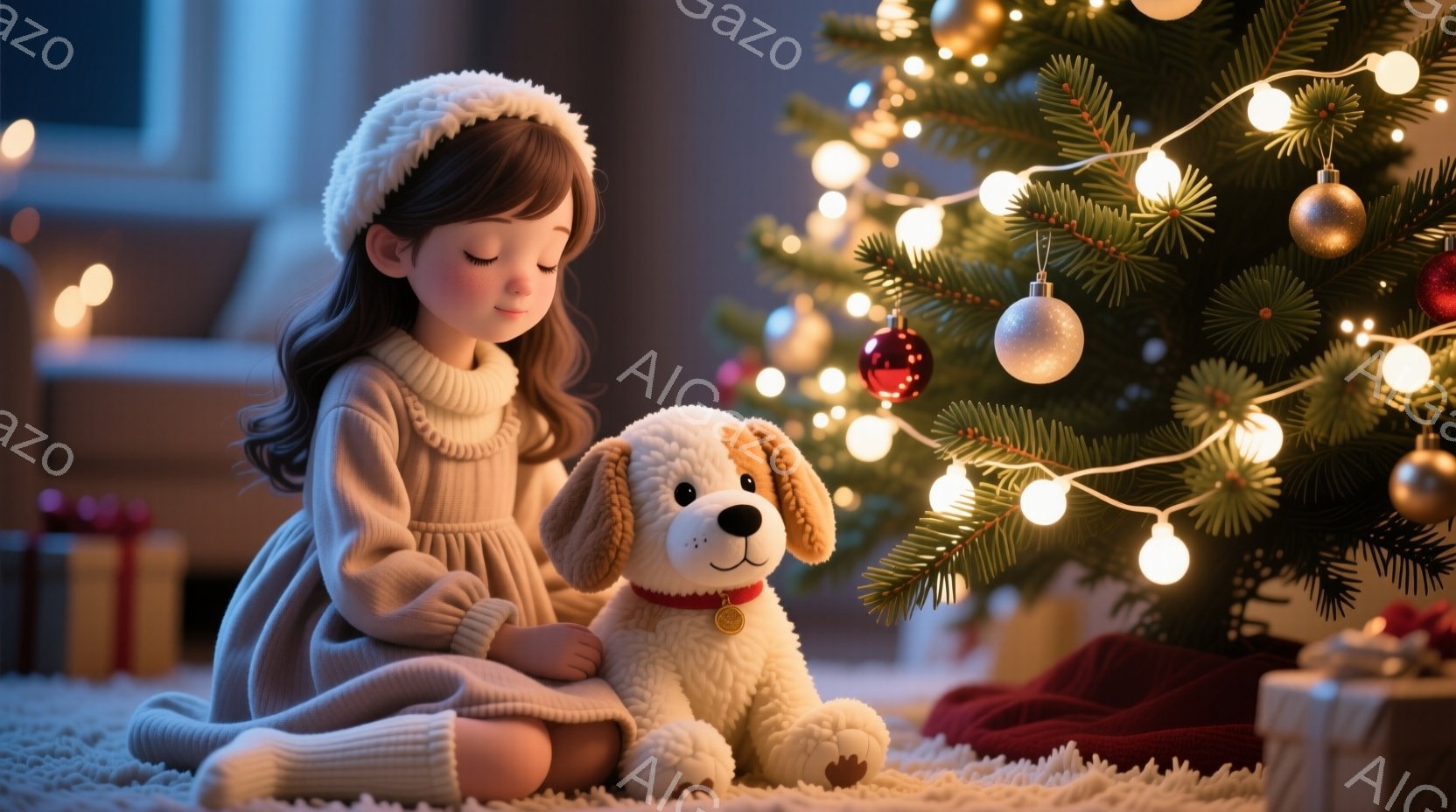 少女は白いヘッドバンドをつけて、ニットのセーターとスカートを着ています。彼女は床に座り、愛らしい犬のぬいぐるみを抱きかかえて、穏やかな表情をしています。背景には、飾り付けられたクリスマスツリーとプレゼントが置かれ、暖かく、心安らぐ雰囲気が漂っています。