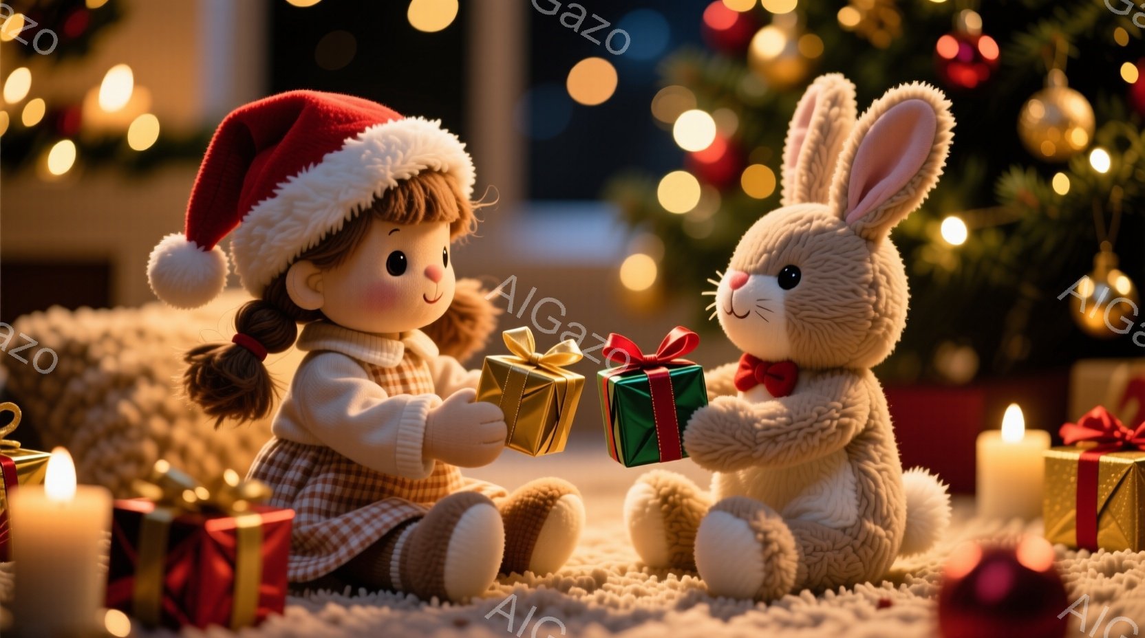 小さな女の子は赤いサンタ帽をかぶり、赤いリボンとチェック柄のワンピースを着ています。彼女は緑色のリボンが付いた小さなギフトボックスをふわふわのウサギの人形に渡そうとしており、優しい笑顔を浮かべています。背景には、輝く電飾とキャンドルが並び、暖かいクリスマスの雰囲気を醸し出しています。