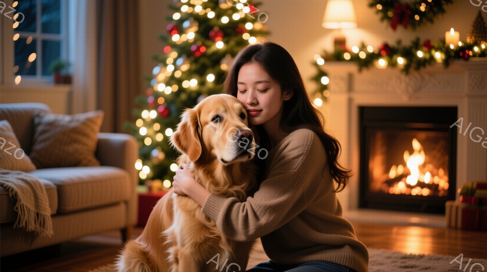 長い髪を無造作に垂らした女性が、ゴールデンレトリバーを抱きしめています。暖炉の火が暖かく照らし、クリスマスツリーとプレゼントが飾られたリビングで、リラックスした雰囲気が漂っています。女性は穏やかな表情 - AI生成フリー素材