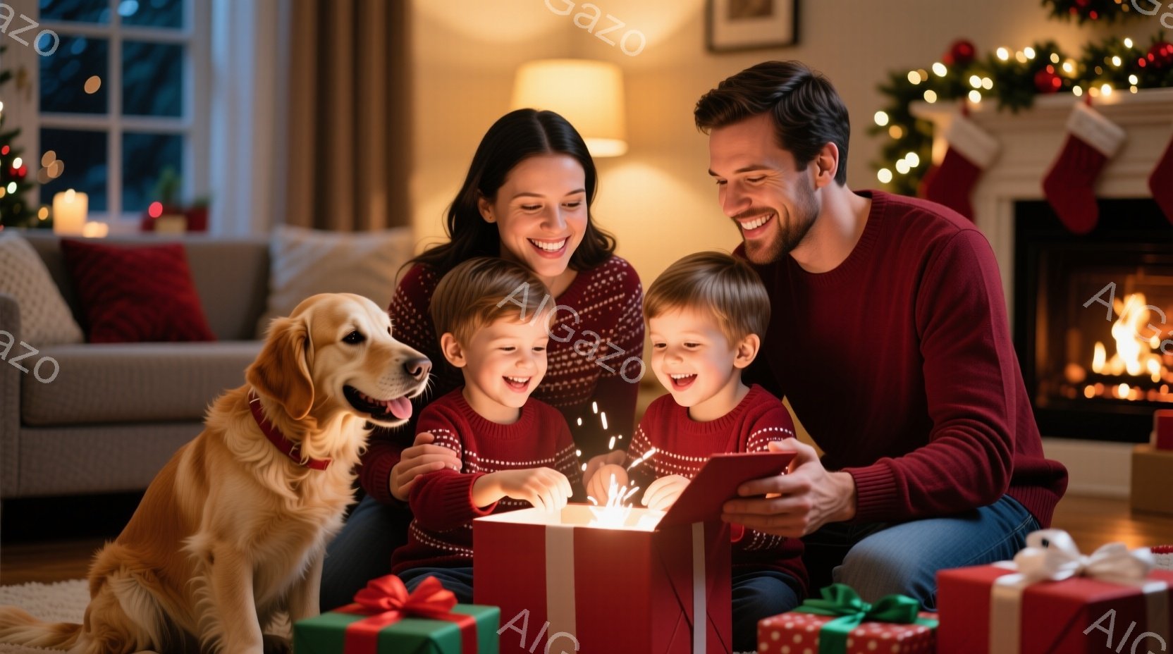 暖炉のあるリビングで、家族がクリスマスプレゼントを開けている様子が描かれています。両親は赤いセーターを着て笑顔で、二人の幼い息子たちはプレゼントの箱を覗き込んでおり、喜びにあふれた表情をしています。背景にはクリスマスツリーやプレゼントの山があり、温かく幸せなクリスマスの雰囲気が伝わってきます。