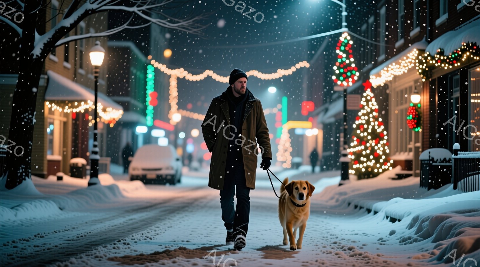 男は黒いニット帽と長い茶色のコートを着て、雪道を歩いている。彼の表情は穏やかで、リードをつけているゴールデンレトリバーとともにお散歩を楽しんでいる様子だ。背景にはクリスマスイルミネーションで飾られた建 - AI生成フリー素材