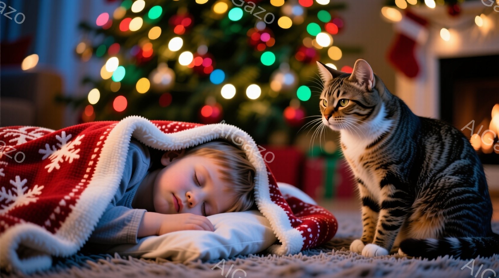 少年は赤い模様の毛布にくるまって床で眠っています。彼の髪は短く、顔は安らかにリラックスしています。背景には、クリスマスツリーの鮮やかな光と暖炉の火が見え、温かく穏やかなクリスマスの雰囲気を醸し出してい - AI生成フリー素材