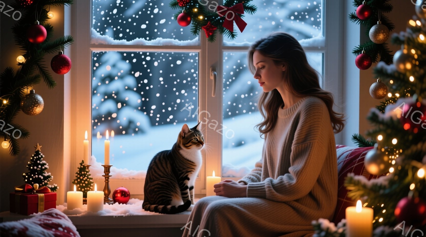 窓辺に座る女性は、白いセーターを着て、髪を長く垂らしています。彼女は穏やかな表情で、何かを抱え、遠くを見つめています。窓の外は雪景色で、室内にはクリスマスツリーやキャンドルが飾られ、暖かく、穏やかな雰 - AI生成フリー素材