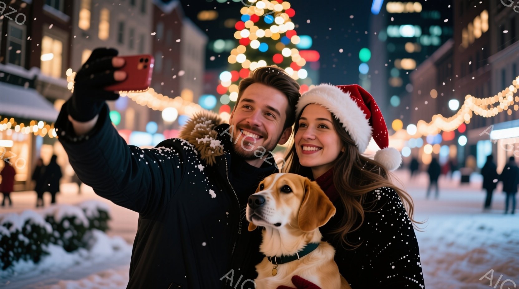雪が降る夜の街で、若い男女が愛犬と一緒に自撮りしている様子が写っている。男性は黒いジャケット、女性は赤いサンタ帽をかぶり、二人とも笑顔でカメラを見ている。背景にはクリスマスツリーの光が輝き、雪景色と相まって温かく、幸せな雰囲気を醸し出している。