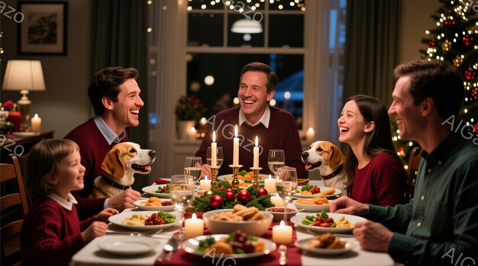暖炉の光とキャンドルの灯りで照らされたダイニングテーブルを家族が囲んでいる。全員が赤いセーターを着ており、笑顔で食事を楽しんでいる様子が伺える。背景にはクリスマスツリーが飾られ、温かく幸せなクリスマスの雰囲気が漂っている。
