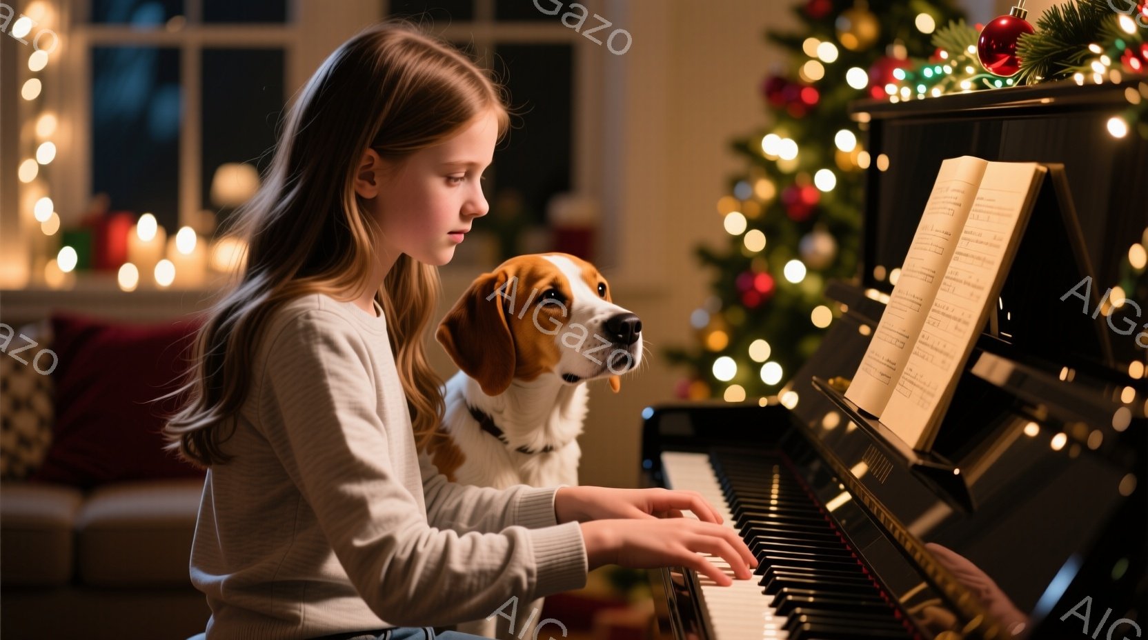茶髪の少女がピアノを弾いており、集中した表情で鍵盤を見つめている。彼女はグレーのセーターを着ており、サイドに分けた髪が肩にかかっている。背景にはクリスマスツリーが飾られており、暖かく穏やかな雰囲気が漂 - AI生成フリー素材