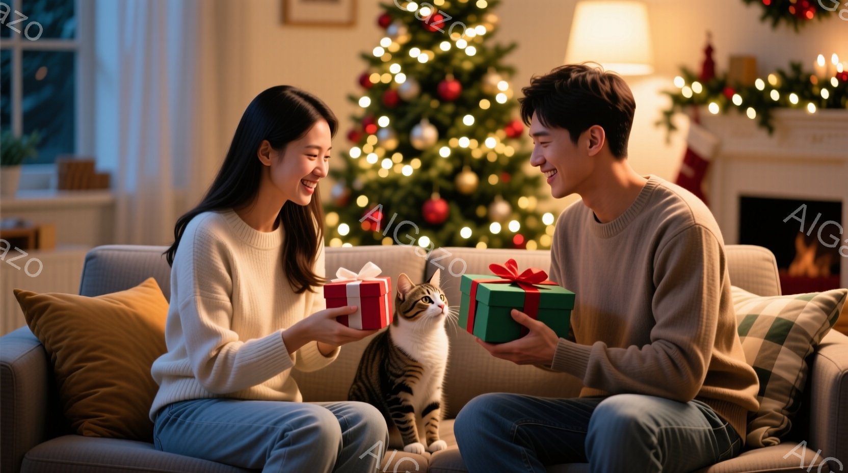 暖炉のあるリビングで、若い女性と男性が互いにクリスマスプレゼントを渡しています。女性は長い髪を肩から下ろし、ベージュのセーターとカジュアルなパンツ姿で微笑んでいます。男性も同様の服装で、猫が二人の足元でプレゼントに興味津々の様子です。背景には、装飾されたクリスマスツリーや暖炉が見え、温かく幸せなクリスマスの雰囲気が漂っています。