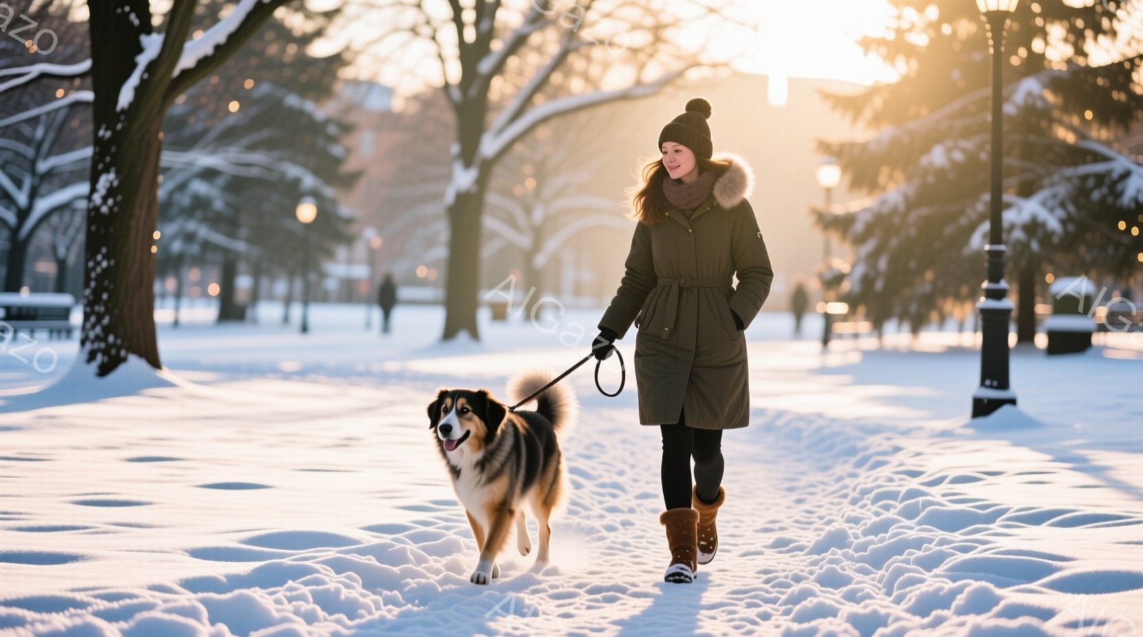 雪に覆われた公園を、ニット帽をかぶり茶色のコートを着た女性が犬の散歩をしています。女性は少し微笑んでおり、犬はリードを引っ張りながら前方を歩いています。背景には雪で覆われた木々が立ち並び、夕日の光が差し込み、暖かく穏やかな雰囲気を醸し出しています。
