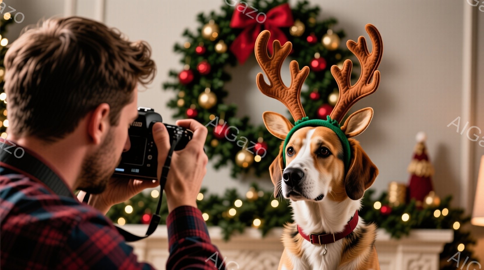 赤茶色のチェックのシャツを着た男性が、カメラを構えて犬を撮影している。犬は赤いトナカイの角のヘッドバンドを付けており、少し緊張した表情で正面を見ている。背景にはクリスマスツリーや飾りがあり、暖かい祝祭の雰囲気が漂っている。