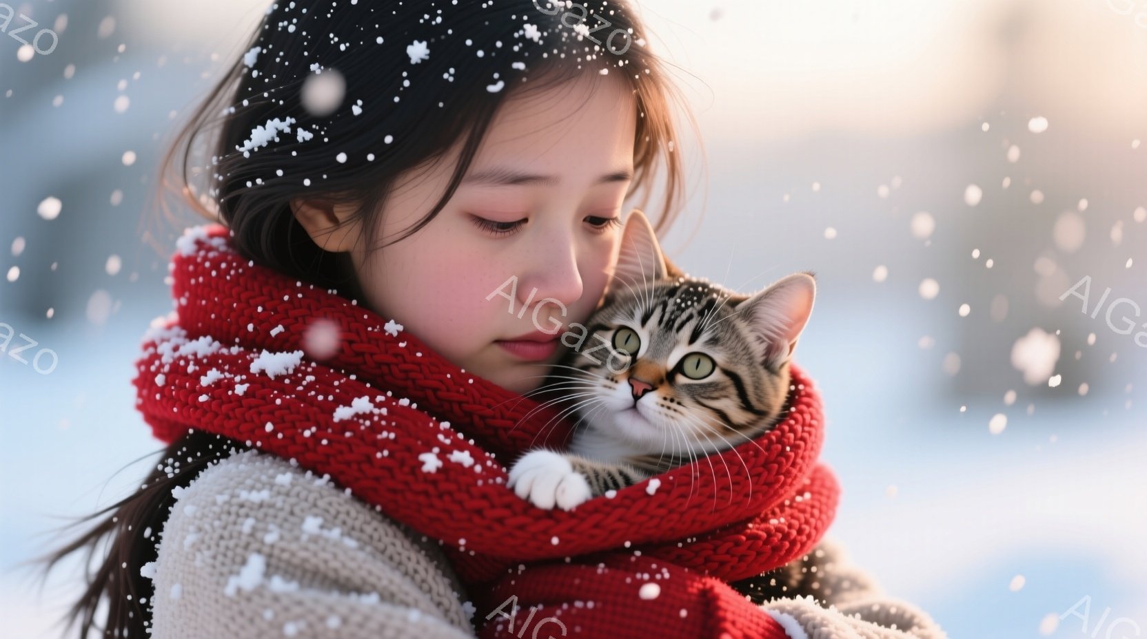 若い女性が、縞模様の猫を優しく抱きしめています。彼女はオフホワイトのセーターと鮮やかな赤いマフラーを着用し、長くダークブラウンの髪は肩にかかっています。背景は雪景色で、ぼやけた木々や穏やかな光が冬の穏 - AI生成フリー素材
