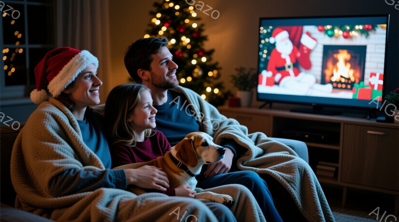 温かい毛布に包まれた女性、少女、そして犬が、テレビの画面を熱心に見つめている。女性はサンタの帽子をかぶり、少女は赤いセーターを着ており、皆、リラックスした表情を浮かべている。背景にはクリスマスツリーや装飾が飾られたリビングルームがあり、暖かく穏やかなクリスマスの夜の雰囲気が伝わってくる。