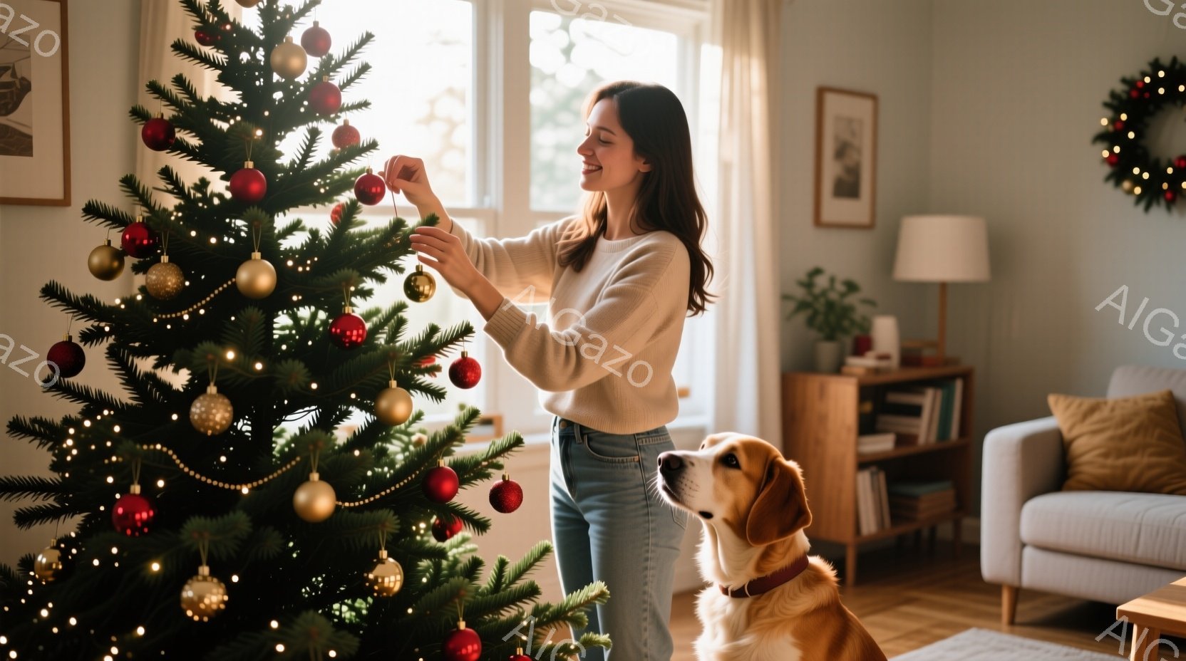 女性がクリスマスツリーを飾り付けている様子が写っている。彼女は白いセーターとジーンズ姿で、微笑みながらオーナメントを取り付けている。背景にはクリーム色のソファと木製のキャビネットがあり、温かく穏やかな雰囲気である。