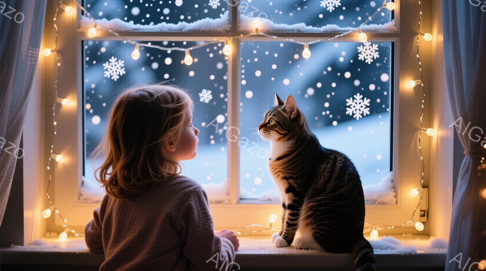 少女は窓際に座り、外の雪景色を見つめています。彼女は紫色のセーターを着ており、茶色の髪が背中に流れています。窓枠には温かい光を放つイルミネーションが飾られ、背景には雪が舞う穏やかな冬の風景が広がってい - AI生成フリー素材