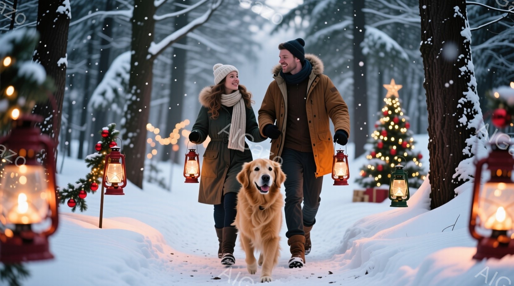 雪が舞う森の中を、若いカップルがゴールデンレトリバーと並んで歩いている。女性はニット帽とロングコートを着て笑顔を見せ、男性は黒い帽子とコートを着て、女性の手を握っている。背景にはクリスマスの飾り付けがされた木々や、灯りが点されたランタンが並び、暖かく幻想的な冬の雰囲気を醸し出している。