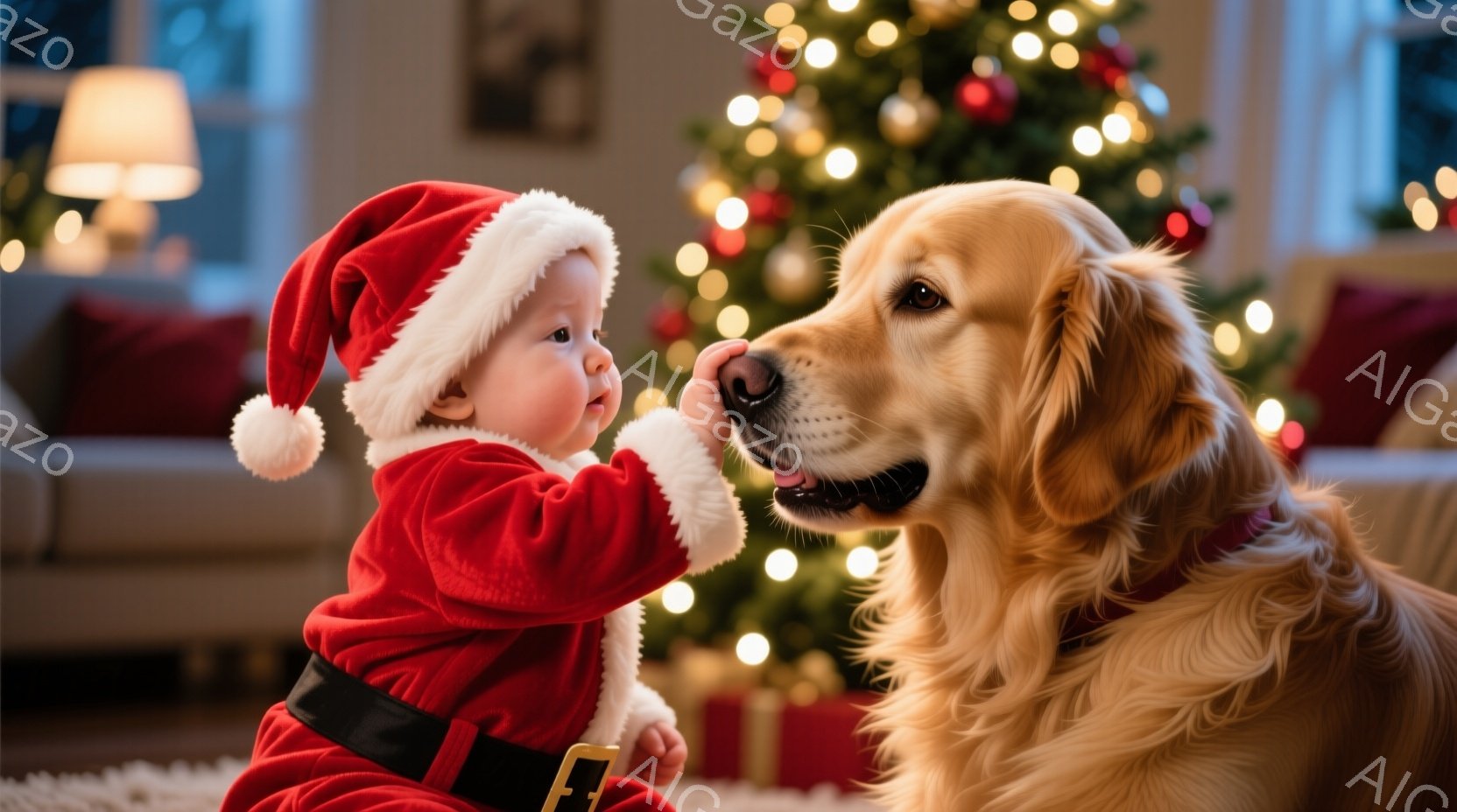 赤いサンタの衣装を着た幼い子供が、優しい表情でゴールデンレトリバーの鼻先に手を伸ばしています。背景にはクリスマスツリーが飾られ、プレゼントボックスが置かれ、暖かく幸せなクリスマスの雰囲気が漂っています - AI生成フリー素材