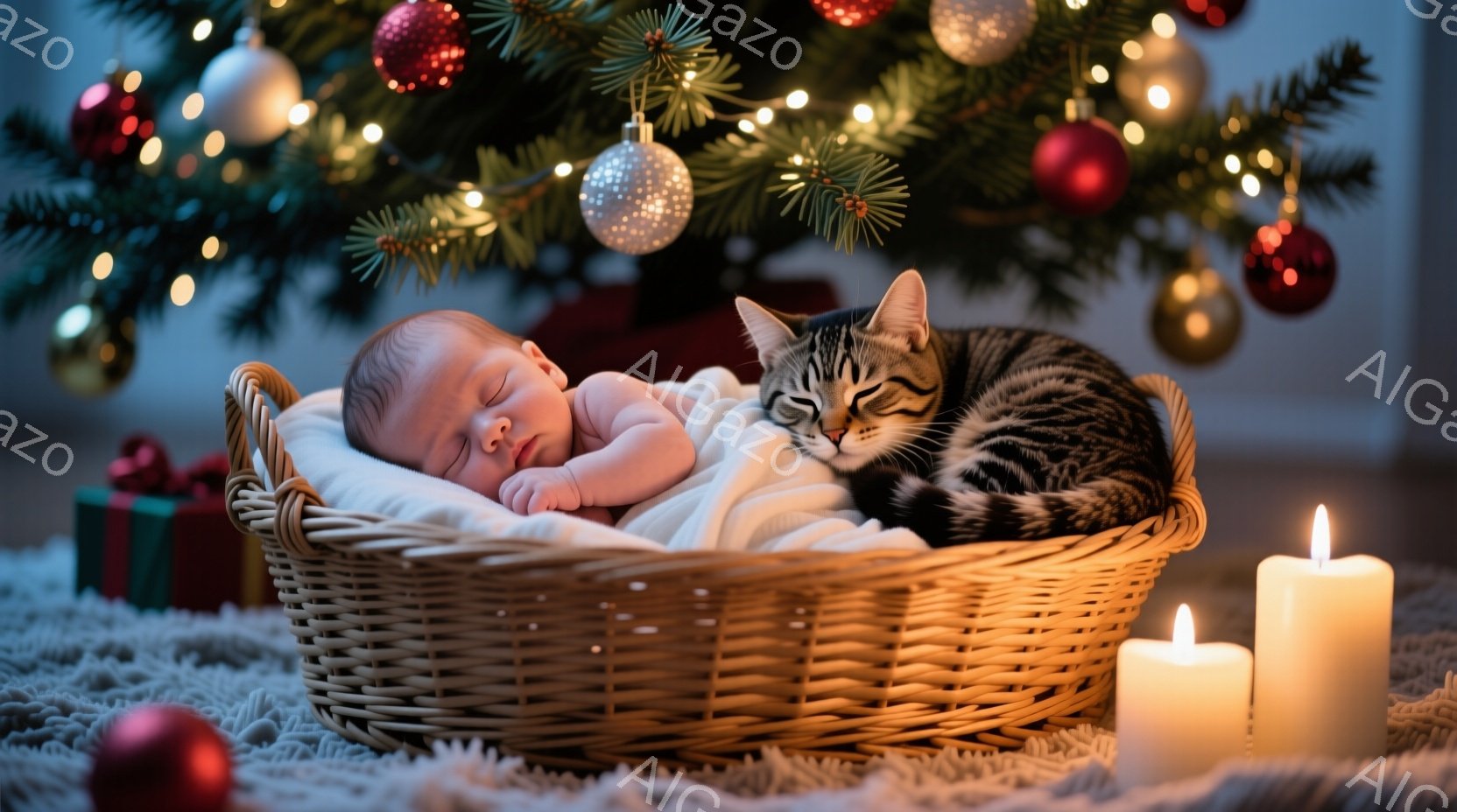 籐製のバスケットの中に、生まれたばかりの赤ちゃんが白い布に包まれて眠っています。その隣には縞模様の猫が寄り添い、同じように眠っています。背景にはクリスマスツリーが飾られ、ぼんやりと輝くキャンドルが暖かく穏やかな雰囲気を醸し出しています。