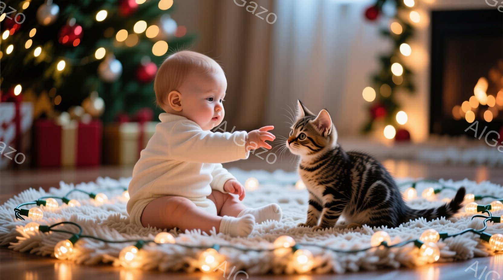 赤ちゃんは白いセーターを着て、ふわふわの白いラグの上に座っています。片手を伸ばして、縞模様の小さな子猫に触れようとしています。背景にはクリスマスツリーとプレゼント、そして温かい光が広がり、穏やかで幸せな雰囲気が漂っています。