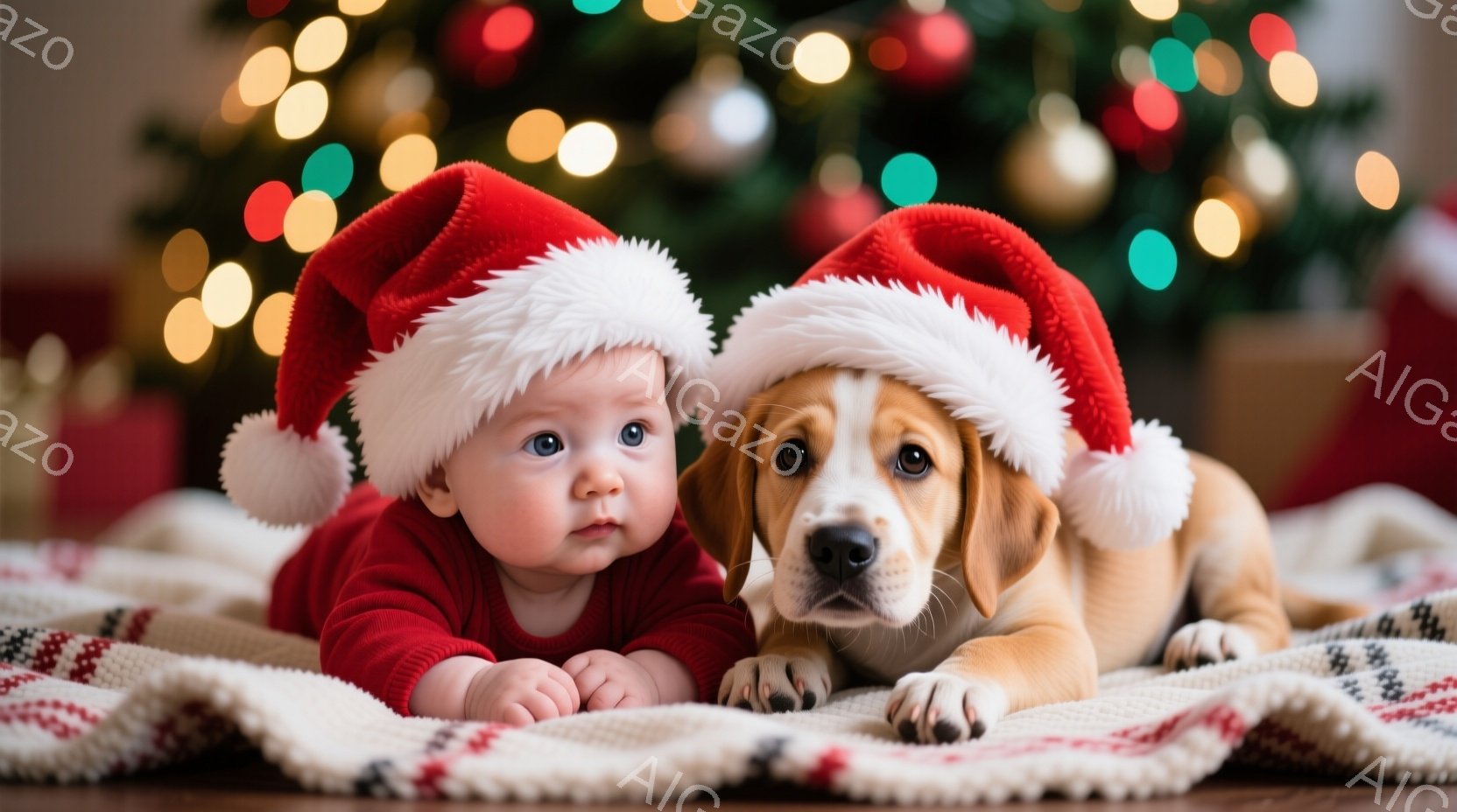 赤ちゃんとお子犬がクリスマスの帽子をかぶり、赤い毛布の上に横たわっています。赤ちゃんは赤い服を着ており、少し驚いた表情でカメラを見ています。背景にはぼやけたクリスマスツリーの光があり、暖かく、お祝いムードに満ちた雰囲気です。