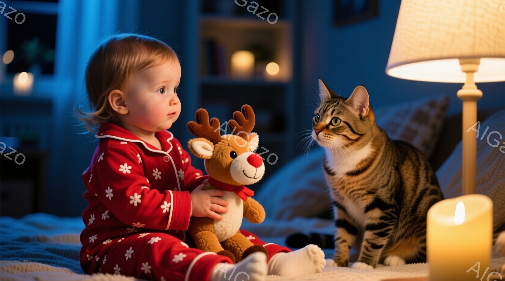 赤いパジャマを着た幼い子供が、小さなトナカイのぬいぐるみを持っています。子供は座って、トナカイの人形を見つめており、好奇心と楽しそうな表情をしています。背景にはぼやけた部屋の様子が見え、暖かく優しい光に包まれ、ロウソクの炎が静かに揺らめいています。