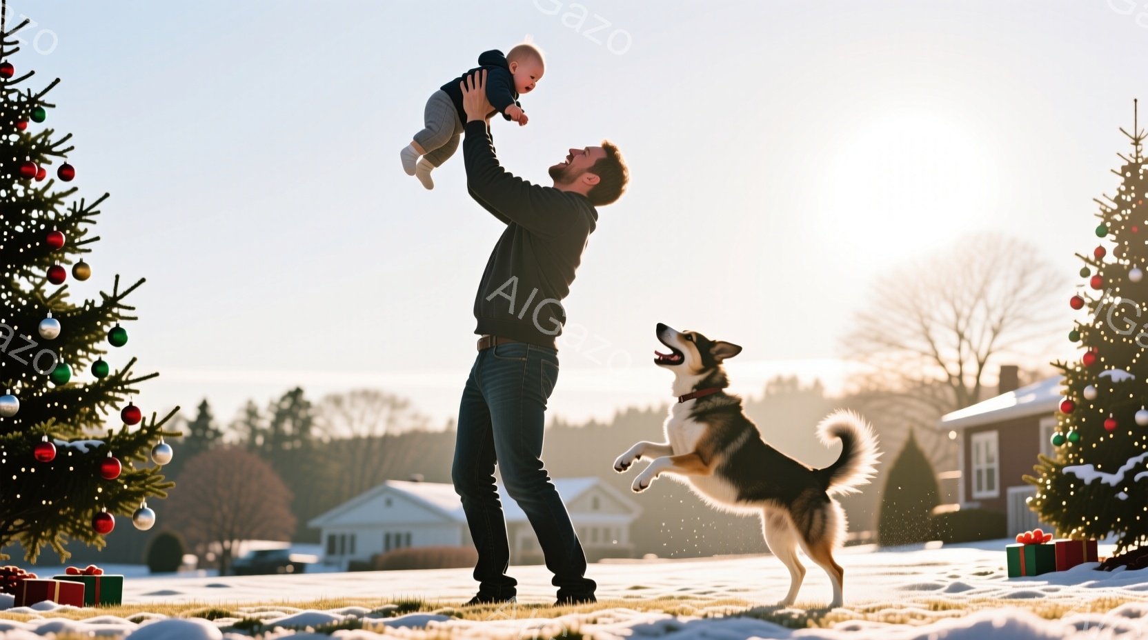 庭には雪が積もり、クリスマスの飾り付けがされています。男性は赤ん坊を空高く掲げ、嬉しそうに笑っています。そばには、興奮して飛び跳ねる犬がおり、全体的に温かく幸せなクリスマスの光景が広がっています。
