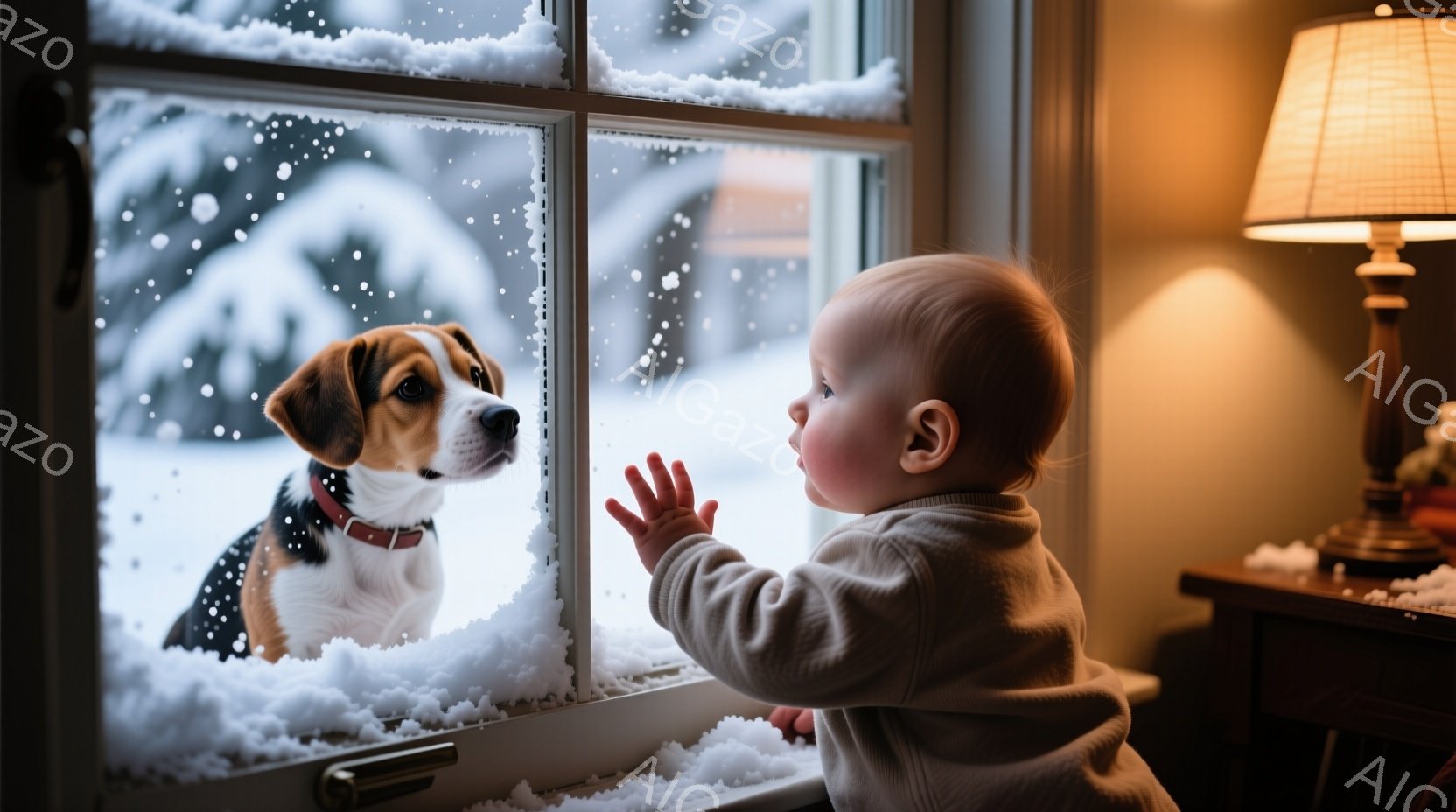 赤ちゃんが窓越しに犬を見つめている様子が写っている。赤ちゃんはグレーの長袖シャツを着ており、驚いたような表情で手を伸ばして犬に触れようとしている。外は雪が降り積もり、窓枠にも雪が付着しており、屋内は暖かく、木製の家具が配置されているため、安心感のある雰囲気である。