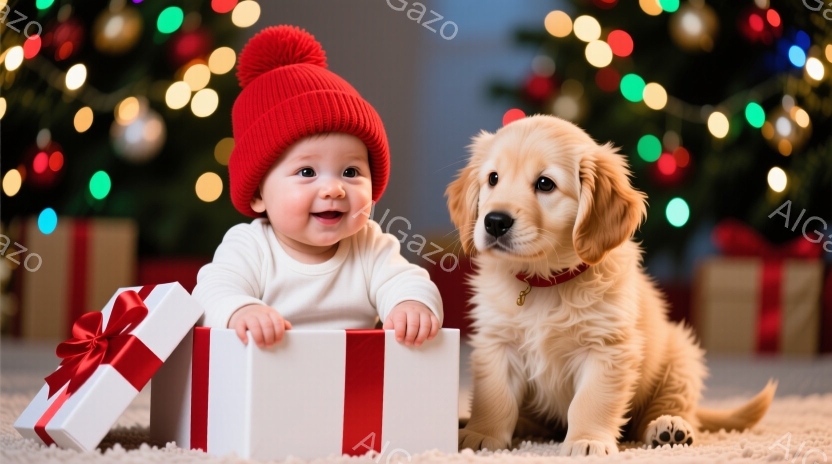 赤いニット帽をかぶった赤ちゃんが、大きな白いギフトボックスの横に座っています。赤ちゃんは笑顔で、ギフトボックスを抱えようとしています。背景にはクリスマスツリーのぼんやりとした光があり、暖かくお祝いの雰囲気です。