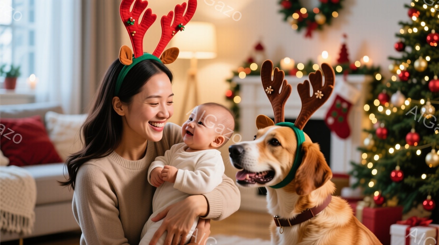 笑顔の女性が赤ちゃんを抱きかかえ、犬も同じようにトナカイの角を付けて正面を見つめています。女性はベージュ色のセーターを着ており、赤ちゃんは白い服を着ています。背景にはクリスマスツリーやプレゼント、そし - AI生成フリー素材