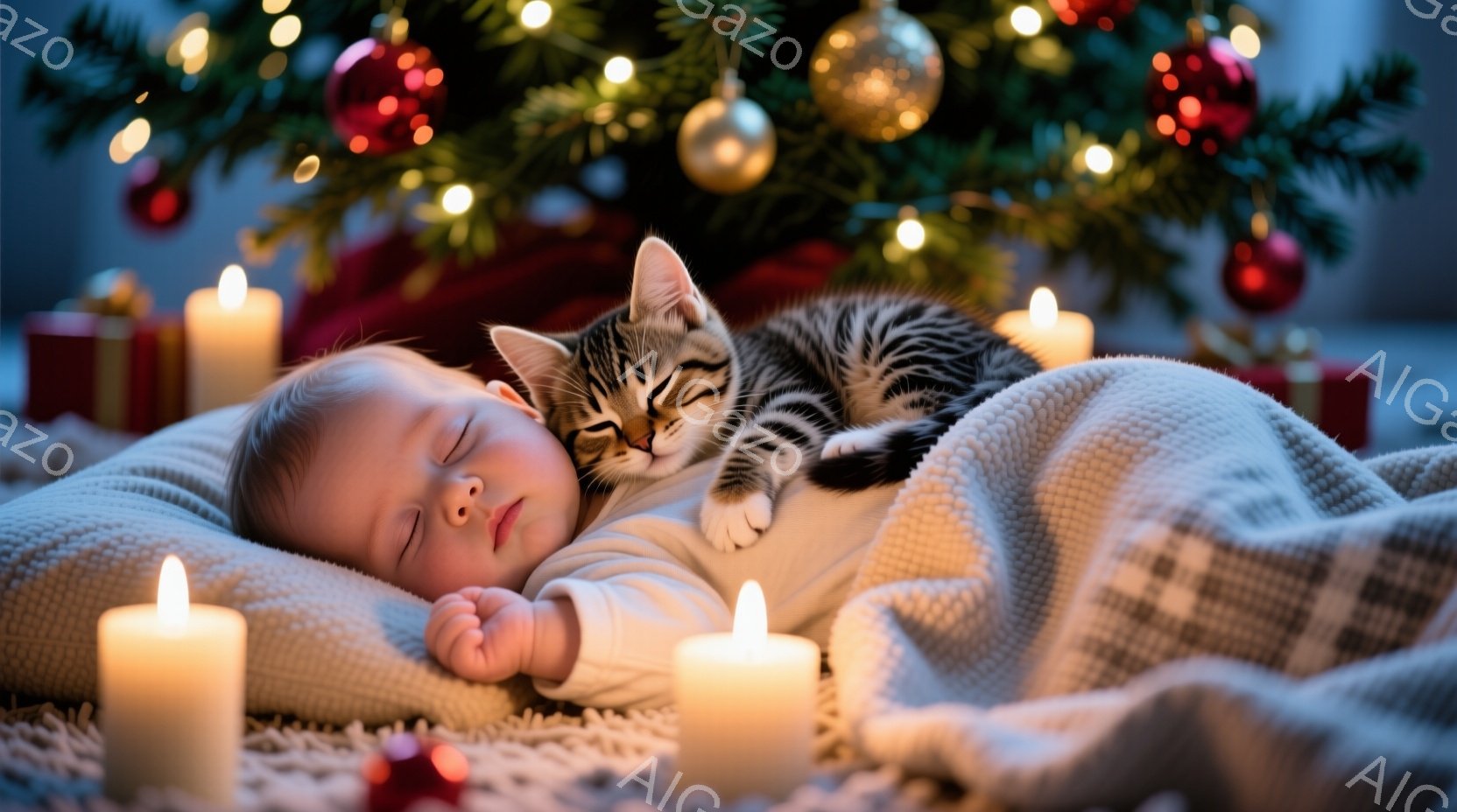 赤ちゃんが毛布に包まれ、穏やかに眠っている様子が写っている。そばには同じように眠っている縞模様の子猫が寄り添っており、背景にはクリスマスツリーと温かい光を放つキャンドルが並んでいる。全体的に、暖かく、平和で、穏やかなクリスマスの雰囲気が漂っている。