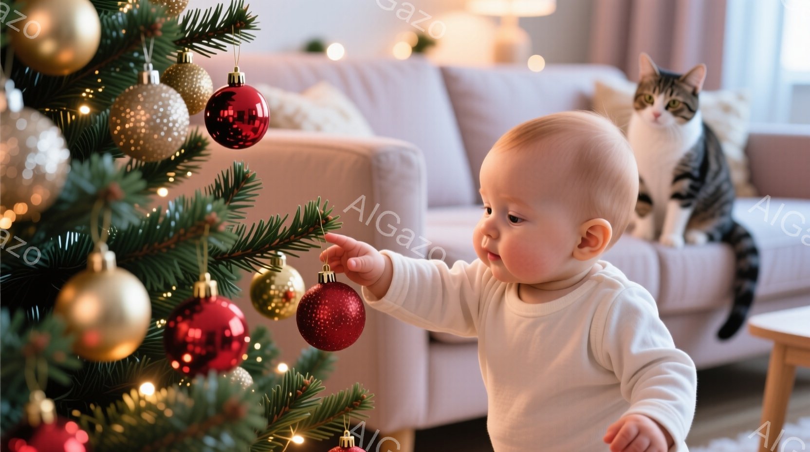 白い長袖の服を着た幼い赤ちゃんがクリスマスツリーの飾りを触ろうとしています。ツリーは赤や金のオーナメントで飾られ、背景にはベージュ色のソファと座っている縞模様の猫が見えます。全体的に暖かく、家庭的なクリスマスの雰囲気が漂っています。