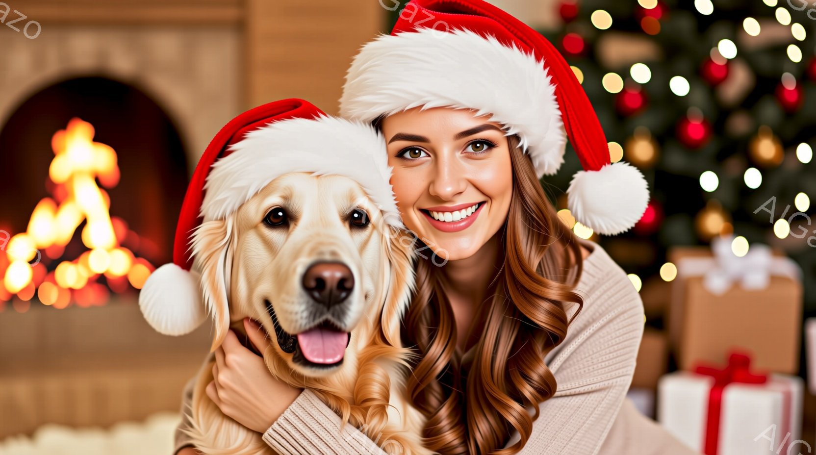 長い巻き毛の女性が赤いサンタ帽をかぶり、笑顔でゴールデンレトリバーを抱きしめています。女性はベージュのセーターを着ており、犬は幸せそうに舌をなめっています。背景にはクリスマスツリーの光とプレゼントの箱が見え、暖かく幸せなクリスマスの雰囲気が漂っています。