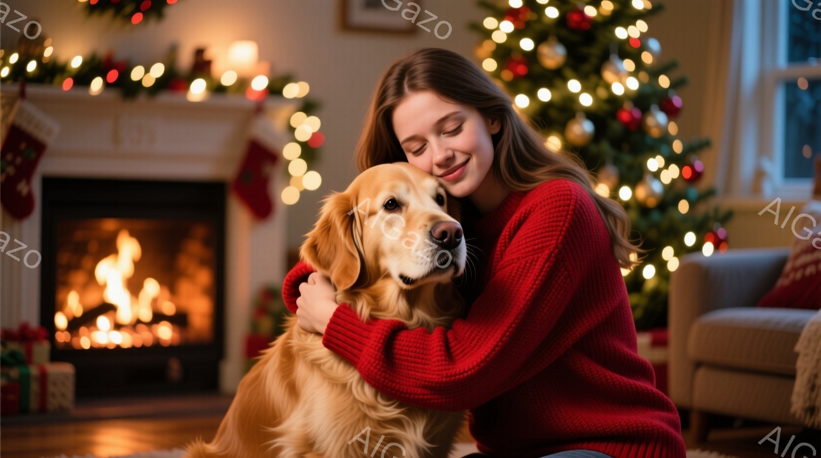 赤いニットセーターを着た若い女性が、温炉のそばでゴールデンレトリバーを抱きしめています。彼女は目を閉じて微笑んでおり、犬はリラックスした表情をしています。背景には、クリスマスツリーや飾り付けが施された - AI生成フリー素材